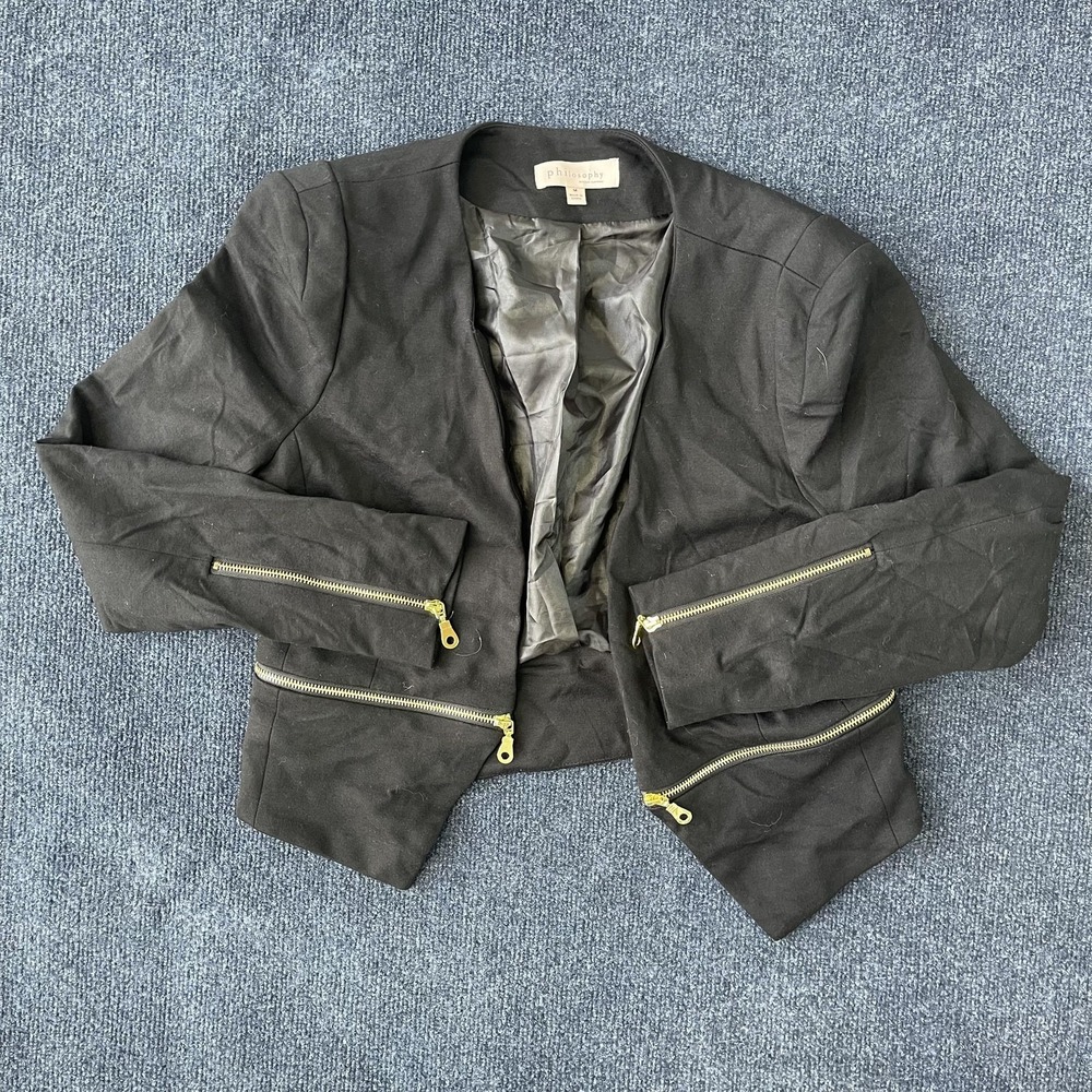 Philosophy Republic Clothing Blazer Jacket Womens Medium Black Open Front Zip